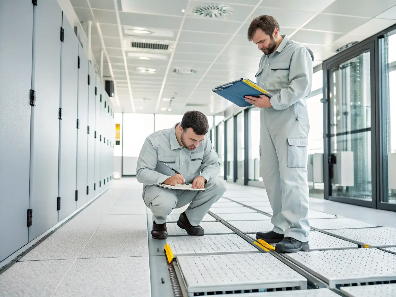 Technicians inspecting and repairing access flooring panels in a commercial setting.