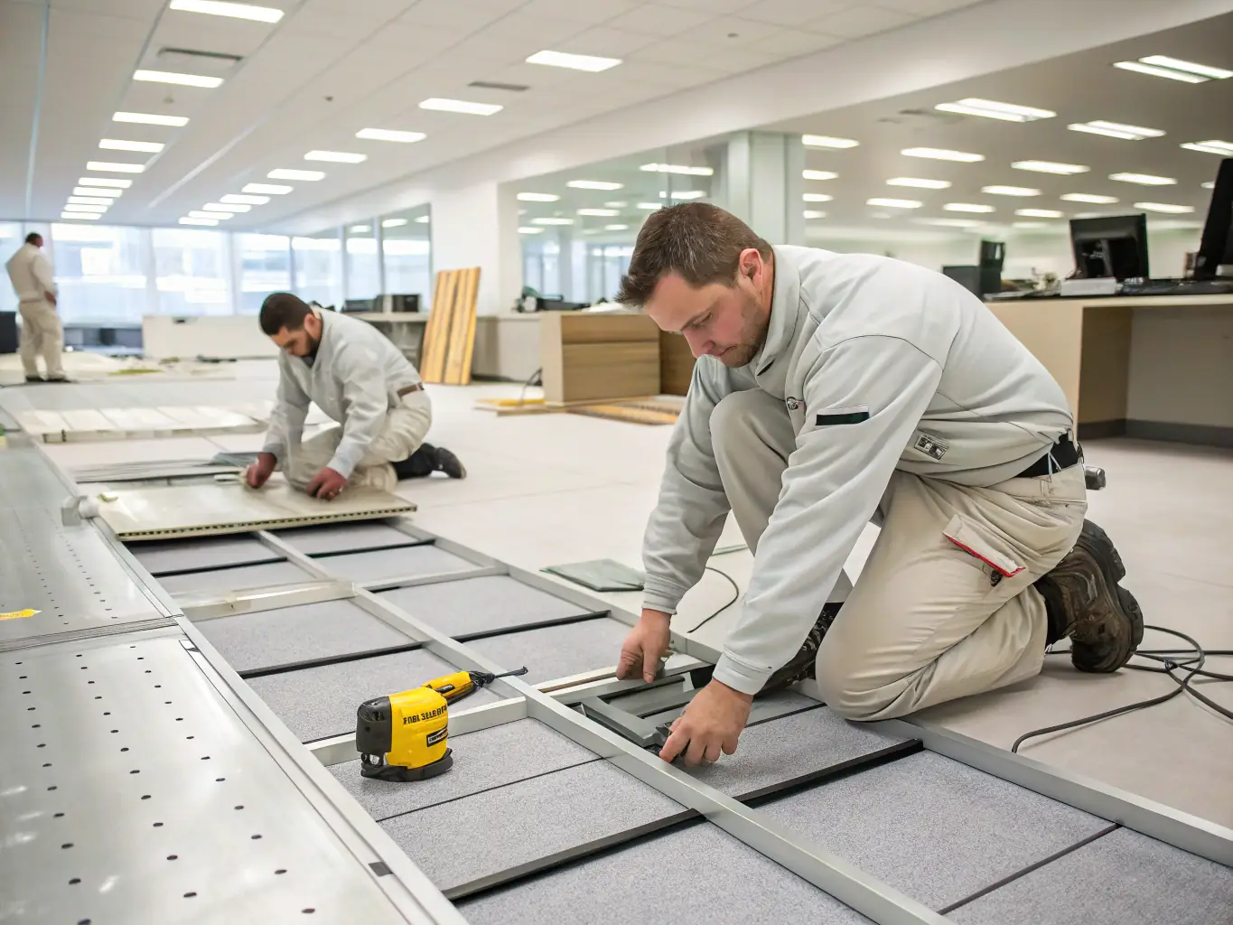 A professional team installing access flooring panels in a commercial office space, with tools and materials visible.