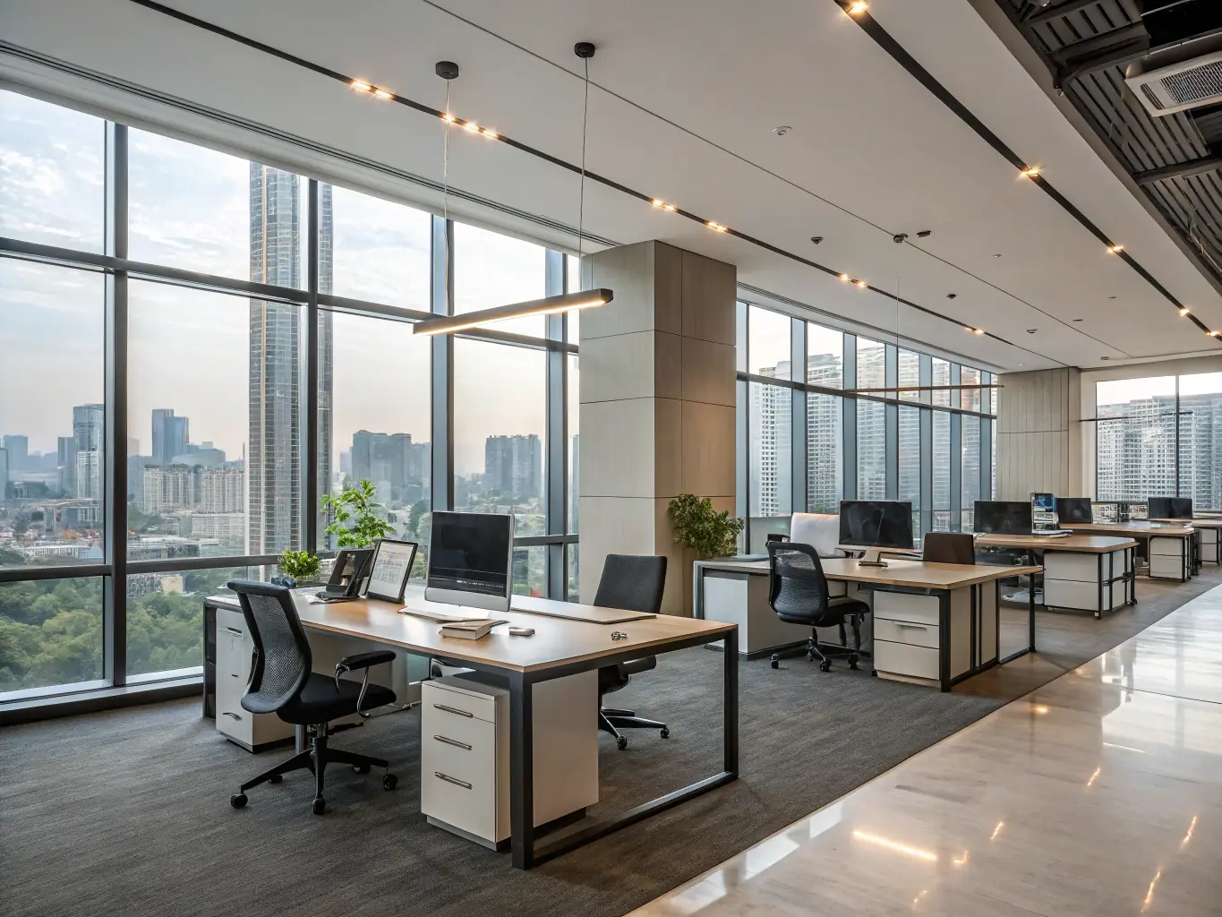 A modern office space with newly installed access flooring, showcasing a clean and organized environment.